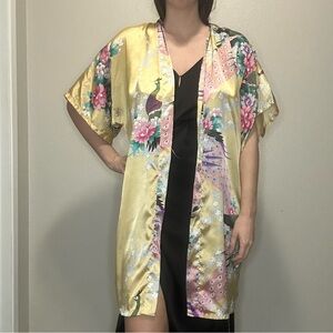 Jin Hon Gold Satin Peacock Floral Kimono Robe OS Artsy Loungewear Lightweight